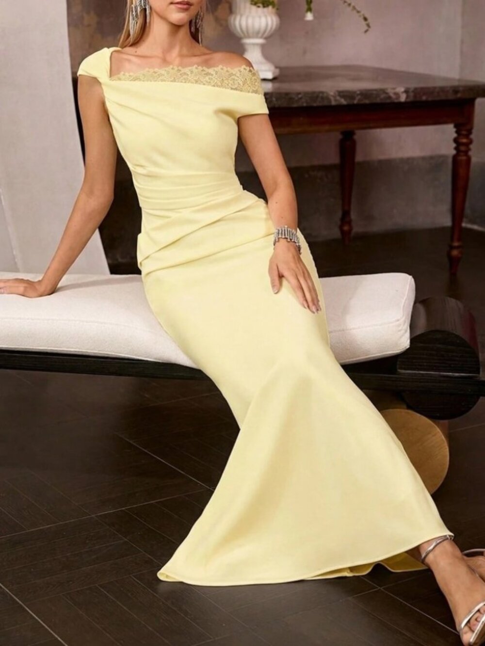 Pale Yellow Lace Trim Asymmetrical Neck Mermaid Maxi Gown